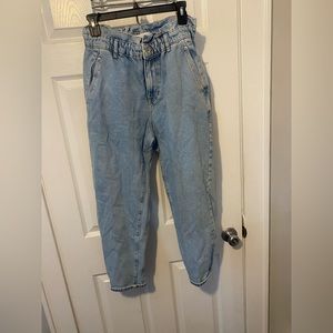 Medium wash blue, paper bag, Capri jeans